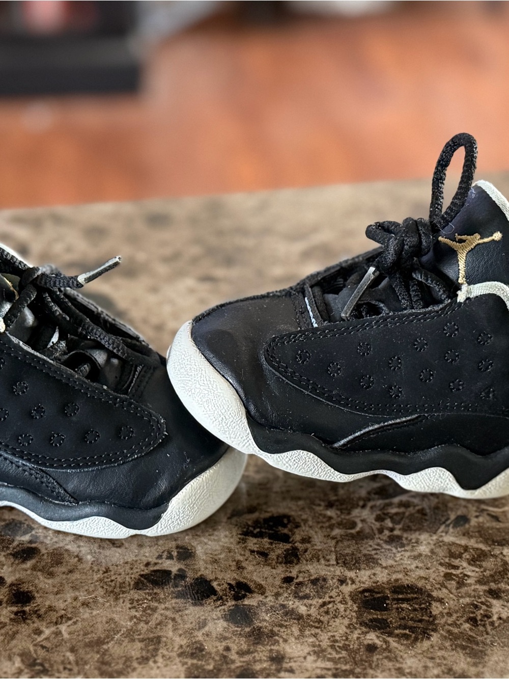 Kids Black and White Basketball Sneakers - Gold Jumpman Detail